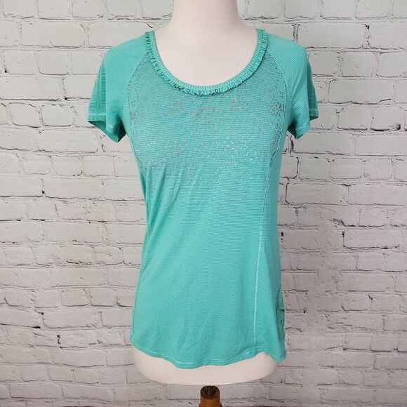 Lululemon Teal Silverescent Run Short Sleeve Top 4 Reflective Ruffle - Picture 2 of 8